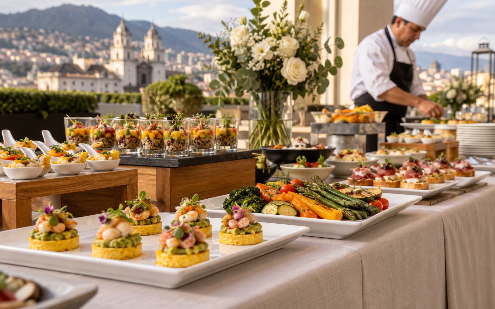Buffet de catering con bocados individuales, vegetales y un chef al fondo