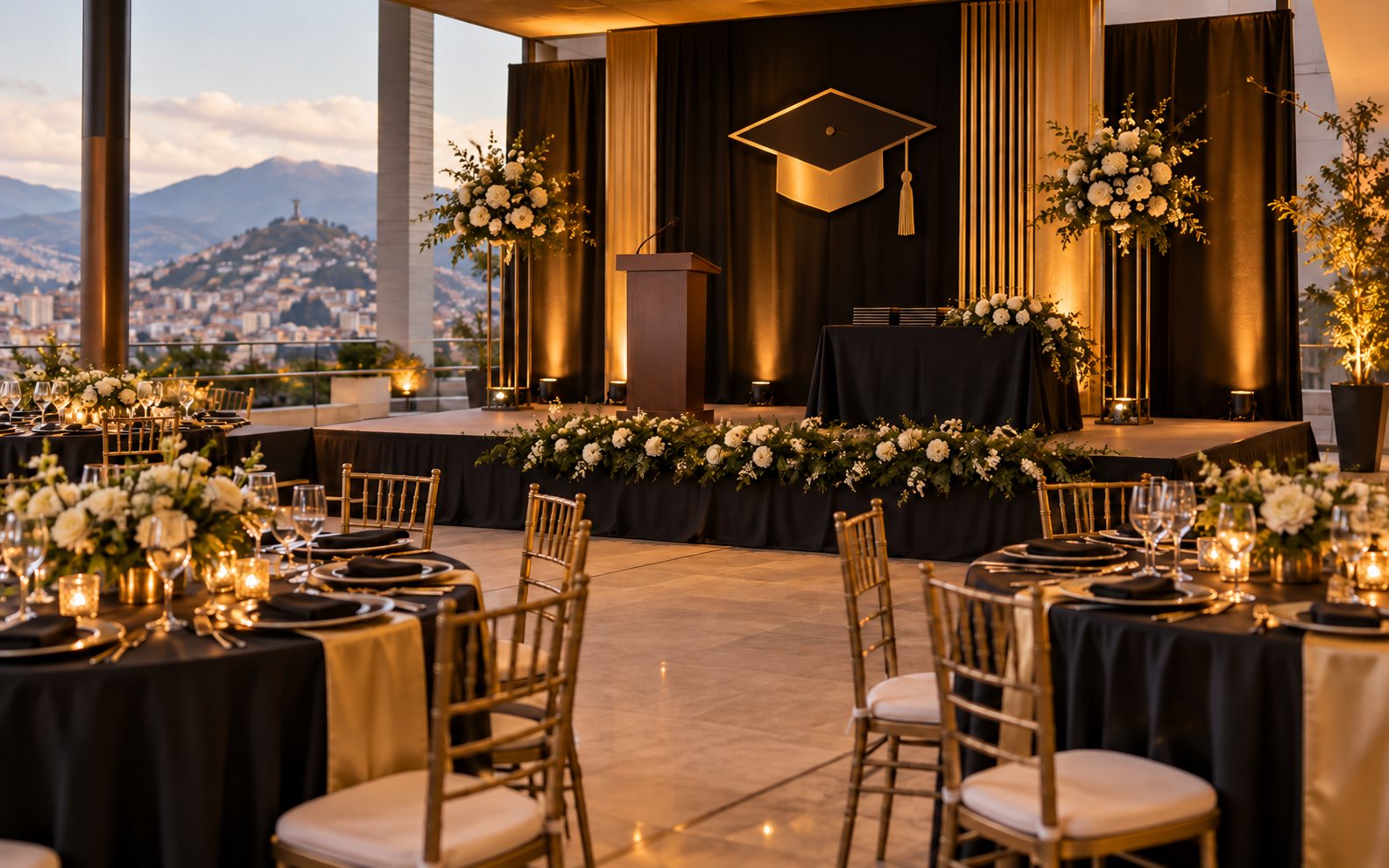 Escenario de graduación con birrete decorativo y mesas en negro y dorado