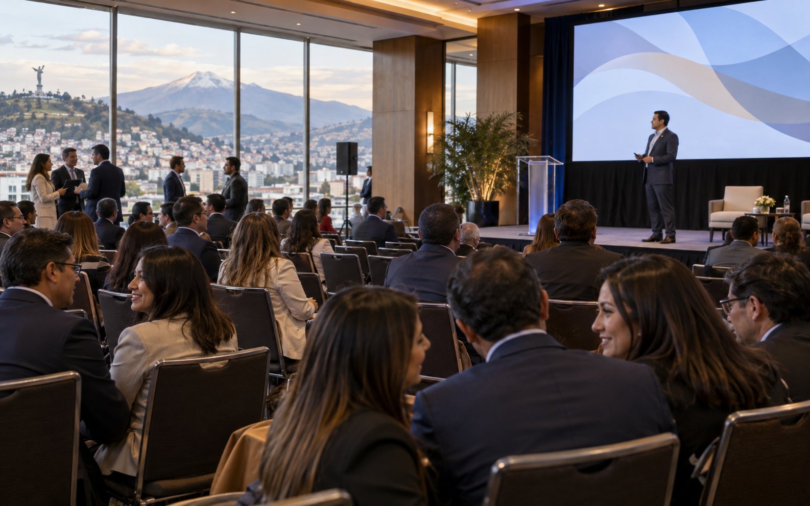 Conferencia empresarial con asistentes, escenario y pantalla de presentación