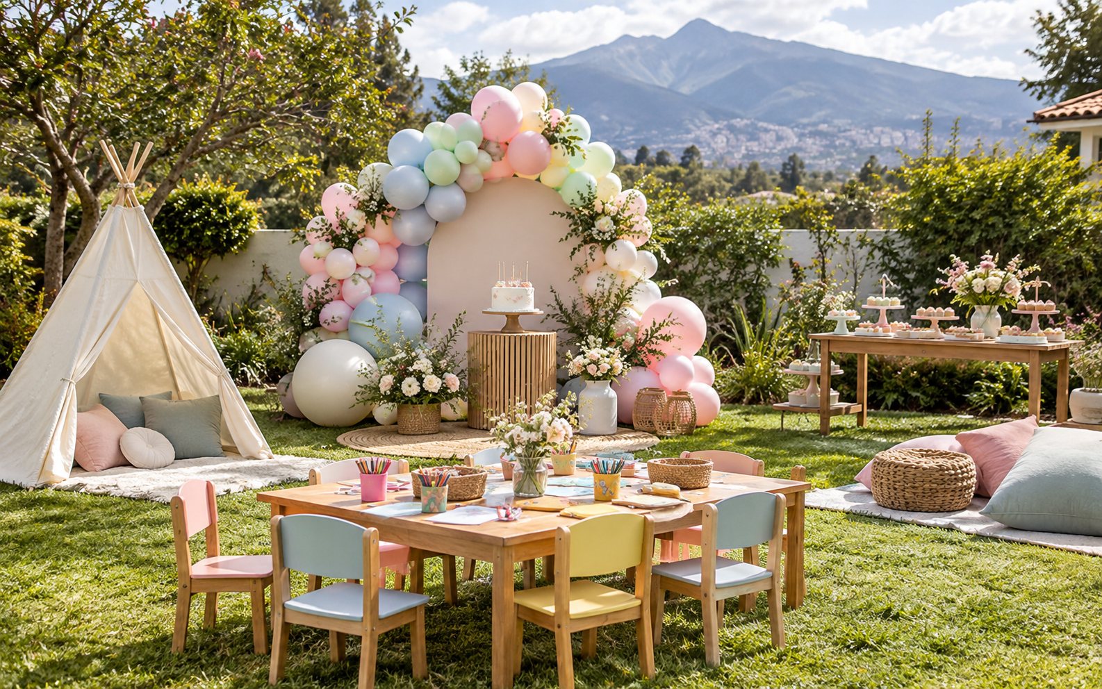 Cumpleaños infantil en un jardín con globos pastel, torta y mesa de actividades