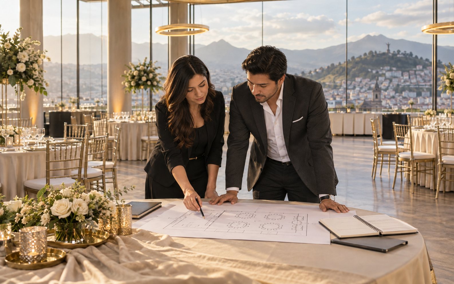 Dos organizadores revisan un plano de montaje en un salón para eventos